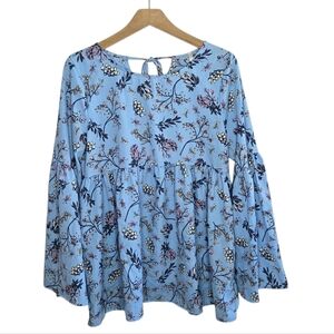 Red Lolly | Blue Floral Baby Doll Top Bell Sleeves Size Medium